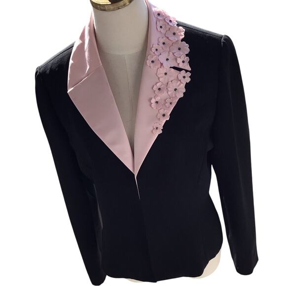 Talbots Jackets & Blazers - Talbots Black/Pink, Silk Like, Open, Flower Collared Detailed, Lined, Blazer- 12